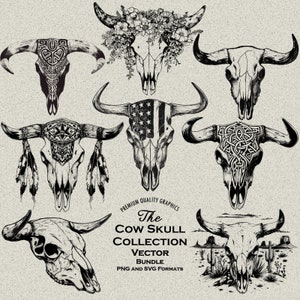31 Projetos de caveira de vaca SVG e PNG pacote de gravação ou impressão a laser. Ocidental, nativo, celta, crânio de vaca tribal, flores, oeste selvagem, deserto de vaca