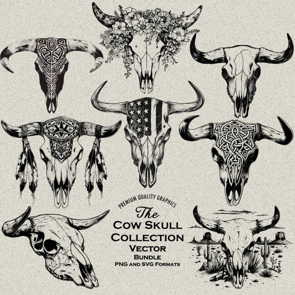 31 Diseños de calavera de vaca Paquete SVG y PNG Grabado o impresión láser. Occidental, Nativo, Celta, Cráneo de Vaca Tribal, Flores, Salvaje Oeste, Desierto de Vaca