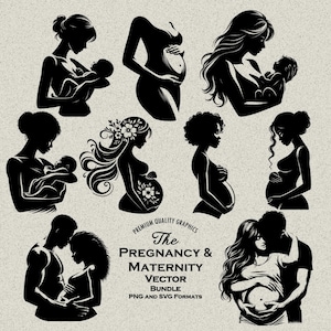 36 Pacote de designs de gravidez e maternidade PNG e SVG, casal de silhueta, bebê segurando, mãe afro-americana, flores, gráfico de anúncio