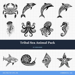 Paquete SVG-PNG de animales marinos tribales maoríes, descarga digital: delfín, tiburón, morsa, caballito de mar, caracol, pulpo, medusa, pez, tortuga marina