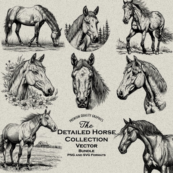 43 Horse Detailed Designs Bundle PNG & SVG For Laser Engraving or Print, Horse Head, Farm Animal, Nature, Horse Flowers, Western, Native