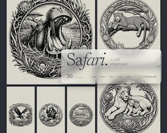 Paquete de 30 archivos SVG de safari africano, diseños de medallones en relieve de los Cinco Grandes para grabado láser.