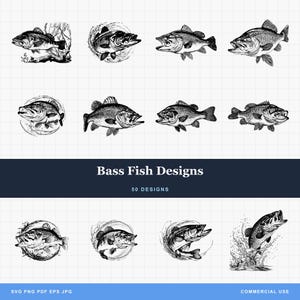 Pacote de desenhos de robalo em PNG e SVG para gravação a laser ou impressão, SVG de pesca, robalo-boca-grande, robalo saltando, vetor de robalo, robalo, peixe