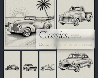 Paquete de 30 archivos SVG de coches clásicos, diseños Hot Rod y Muscle Car para grabado láser.