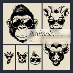 May include: A collection of black and white animal illustrations wearing sunglasses. The animals include a gorilla, goat, giraffe, dog, chicken, and bull. The image includes the text "Animals. a shaded design pack" and "78 designs".
