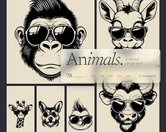 Animals with Sunglasses SVG & PNG Bundle Engraving, Print, or Cut Cricut Jungle Animal Lion Tiger Hippo Giraffe Zebra Monkey Zoo Savanna
