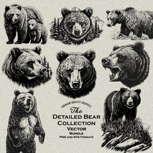 38 Bear High Detail SVG & PNG Bundle Pack voor lasergravure of print: Grizzly, Mamma Bear, Baby Bear, Woeste grommen, Natuur, Bear Head
