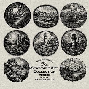 30 Seelandschaft und Leuchtturm SVG-PNG Bundle Low Detail Designs für die Lasergravur, Print-on-Demand, Van Gogh, Schiff auf Meer, Ozeanlandschaft