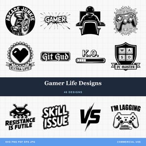 Gaming SVG PNG Bundle Gamer Quotes, Retro Arcade, Video Game Laser File, T-Shirt Design, Joystick, E-sports, CNC Art