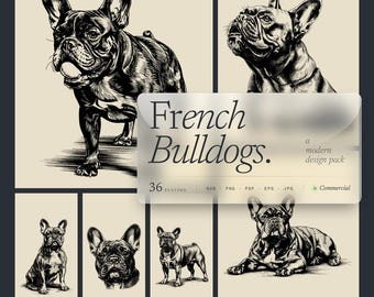 Puede incluir: Colección de ilustraciones en blanco y negro de Bulldogs Franceses en varias poses. Las imágenes son de estilo vintage, con el texto "French Bulldogs" y "a modern design pack" superpuesto.
