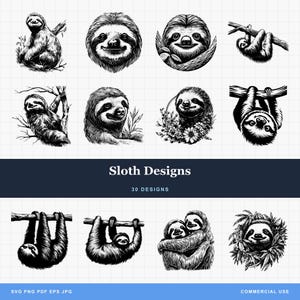 Sloth Designs Bundle SVG & PNG  for Laser Engraving or Print: Sloths hugging, Sloth hanging, Sloth Peaking, Sloth face, Cute Sloths
