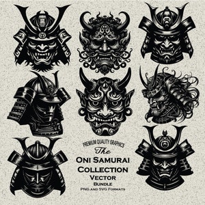 58 capacete de máscara japonesa Oni Samurai Pacote SVG-PNG designs para gravação a laser e impressão sob demanda, cabeça de samurai, cabeça de Oni, tatuagem de Oni