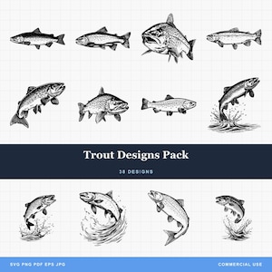 Trout Designs Bundle PNG & SVG Digital For Laser Engraving or Print, Fishing Svg, Rainbow Trout, Jumping Trout, Trout Vector, Trout Fish