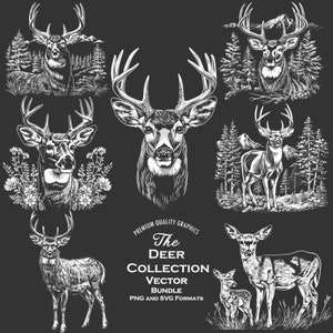 Pacote de 30 designs de cervos para ardósia ou outros fundos escuros Download digital PNG e SVG para gravação ou impressão a laser. Camisa Preta, Buck, Fawn