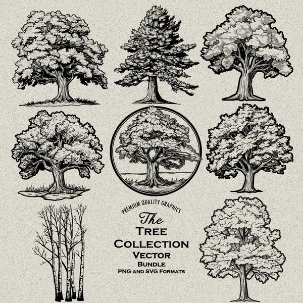 81 Tree SVG & PNG Bundle Designs for Laser Engraving, Print-on-Demand, Oak Tree, Pine Tree, Nature, Maple tree, Birch Tree, Poplar Tree
