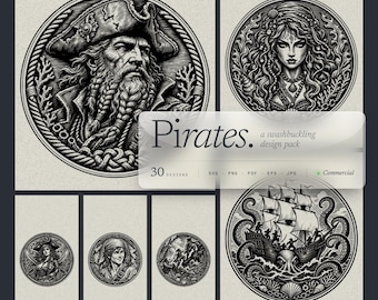Paquete de 30 diseños SVG de medallones piratas con relieve, diseños de barcos de capitán y kraken para láser