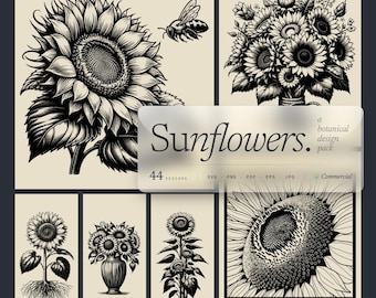 Pode incluir: Uma coleção de designs de girassóis em preto e branco. A imagem inclui ilustrações de girassóis, uma abelha e buquês. O texto na imagem diz "Sunflowers" e "a botanical design pack" com opções de tipo de arquivo.