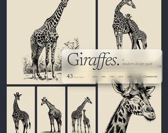 Paquete de diseños de jirafas en formato PNG y SVG para grabado láser o impresión. Jirafa bebé, jirafa safari en blanco y negro, madre y cría, cabeza de jirafa.