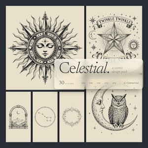 Könnte beinhalten: Ein digitales Designpaket mit schwarzen Tuscheillustrationen auf cremefarbenem Hintergrund. Die Motive umfassen eine Sonne mit Gesicht, einen Stern mit dem Text TWINKLE TWINKLE LITTLE STAR, eine Eule auf einer Mondsichel und Sternbilder.