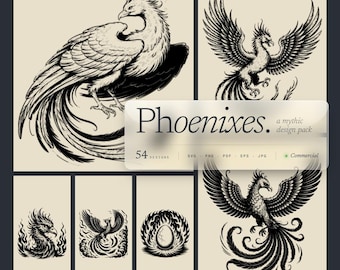 Paquete de diseños de fénix en SVG y PNG, grabado láser o impresión. Mítico, fantasía, ave de fuego, renacimiento, resurgimiento, águila de fuego, tatuaje de fénix.