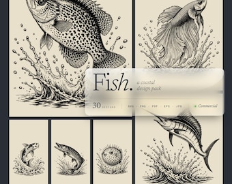 Paquete de 30 archivos SVG de peces salpicando, diseños de lubina, trucha y salmón para grabado láser y Cricut.