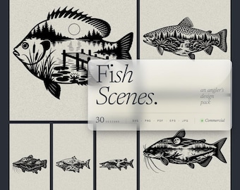 Paquete de 30 siluetas de peces en formato SVG, diseños de lagos con doble exposición para láser.