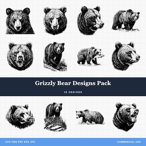 Paquete de imágenes SVG y PNG de oso con gran detalle para grabado láser o impresión: Grizzly, Mamá Osa, Bebé Oso, Gruñido feroz, Naturaleza, Cabeza de oso