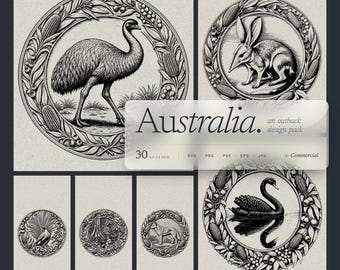 Paquete de 30 archivos SVG de fauna australiana: medallones en relieve de canguros y koalas para grabado láser.