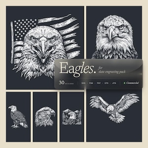 May include: A collection of black and white eagle illustrations. The designs include eagles with the American flag, close-up portraits, and eagles in flight. The text reads "Eagles for slate engraving pack" with file type options.