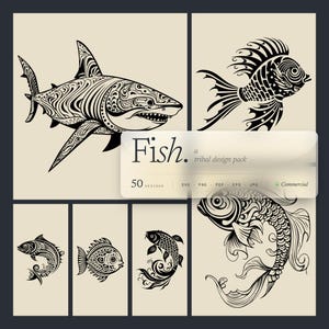 Tribal Fish SVG-PNG Bundle Digital Files Māori: Salmon, Lion Fish, Trout, Goldfish, Ocean Fish, Lake Fish, Shark, Flounder, Puffer Fish