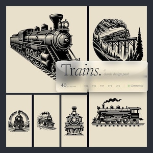 May include: A collection of black and white train illustrations. The designs include various perspectives of steam locomotives, some with detailed features and others in stylized forms. The image also includes the text "Trains. a classic design pack".