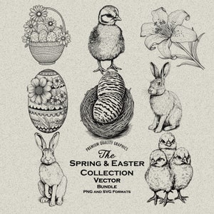 76 Frühling und Ostern Design Bundle PNG & SVG Digitaler Download für Gravur oder Druck. Kanninchen, Hase, Baby-Küken, Eier im Nest, Lilie, Korb