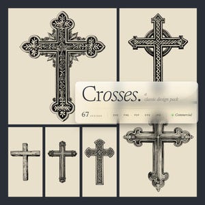 Pode incluir: Uma coleção de seis designs de cruzes em preto e branco. As cruzes variam em estilo, desde aspectos de madeira simples a padrões ornamentados e detalhados. A imagem inclui o texto "Crosses. a classic design pack" e indica que 67 designs estão disponíveis.