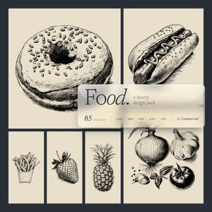 May include: Black and white illustrations of various food items, including a donut, hot dog, french fries, strawberry, pineapple, onion, garlic, and tomato. The image includes the text "Food. a hearty design pack" and "85 designs".