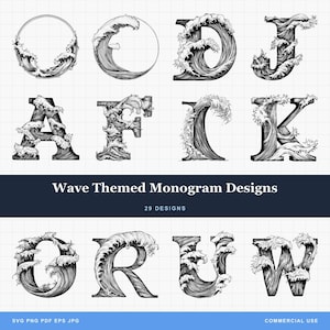 Wave Monogram letter Designs Bundle PNG & SVG Digital download For Laser Engraving or Print: Surf, Beach, Japanese, Tropical, Wave Frames