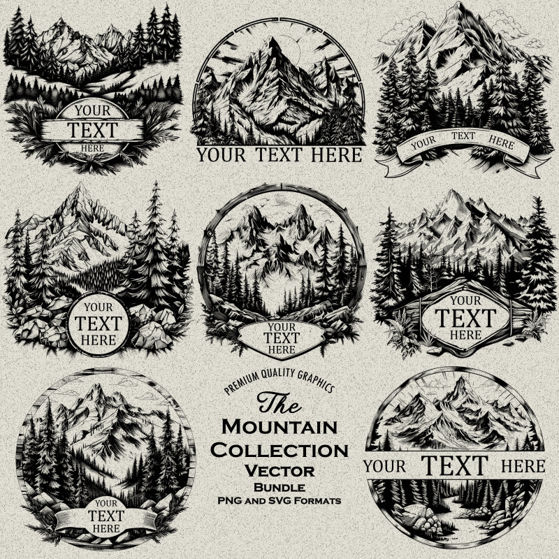 46 Mountain sign SVG-PNG Bundle High Detail Designs for Laser Engraving, or Print, Family, Editable, Adventure, Mountains Scenery, Camping