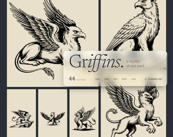 May include: A selection of black and white griffin illustrations in different poses, such as a seated griffin and a griffin with spread wings. The image features the text "Griffins. a mythic design pack" and "44 designs".