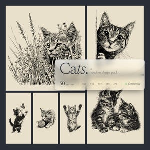 以下が含まれることがあります： 白黒の猫のイラスト集。草むらの中の猫、角から覗く猫、蝶と遊ぶ猫、寄り添う猫など、さまざまなポーズの猫が描かれています。「Cats. a modern design pack」というテキストが表示されています。