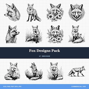 Fox Designs Bundle PNG & SVG Digital For Laser Engraving or Print, Fox flowers, Fox Head, Native, Wildlife, Fox Pup Baby, Animal Line Art