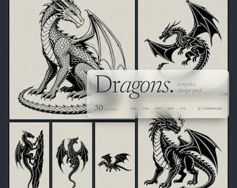 Paquete de 30 diseños SVG de dragones, que escupen fuego y son guardianes del tesoro para láser y Cricut.