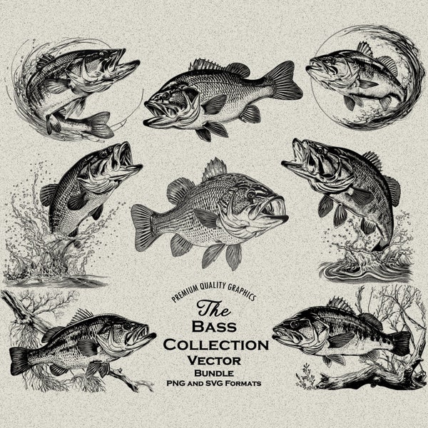 50 Bass Designs Bundle PNG & SVG Digital For Laser Engraving or Print, Fishing Svg, Large Mouth Bass, Jumping Bass, Bass Vector, Bass, Fish