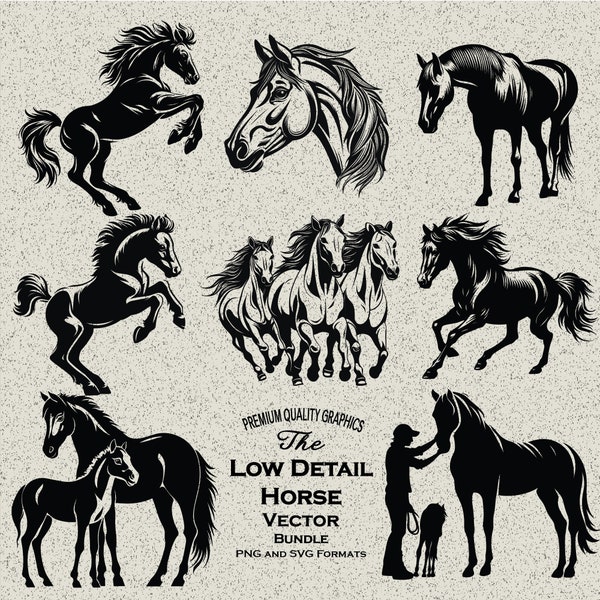 34 chevaux Low Detail SVG & PNG Bundle, silhouette de cheval, vecteur de cheval, clipart cheval, tête de cheval svg, svg cheval, bébé cheval, fichiers coupés cheval