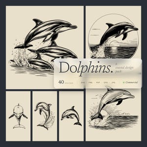 Könnte beinhalten: Eine Sammlung von Delfin-Illustrationen in Schwarz-Weiß. Die Designs zeigen Delfine, die aus dem Wasser springen, schwimmen und sich in verschiedenen Posen befinden. Der Text "Dolphins" und "a coastal design pack" ist ebenfalls enthalten.