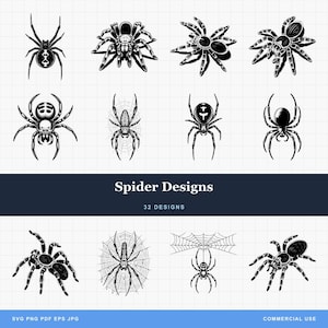 Spider designs great for Laser Engraving, SVG & PNG for Glowforge Xtool. Halloween, Spooky, Gothic, Creepy, Arachnid, Tattoo Style, Widow
