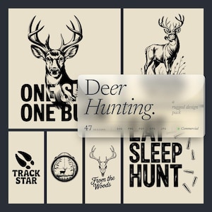 Può includere: Una collezione di disegni in bianco e nero a tema cervo. Include illustrazioni di cervi, testo che dice "Deer Hunting", "Eat Sleep Hunt" e altre grafiche relative alla caccia su sfondo beige.