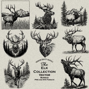 34 Elk Designs Bundle SVG & PNG voor lasergravure of print Bull Elk, Elk Call, Wildlife Art, Elk Mountains, Elk Rack, Elk Head, Rustieke Kunst