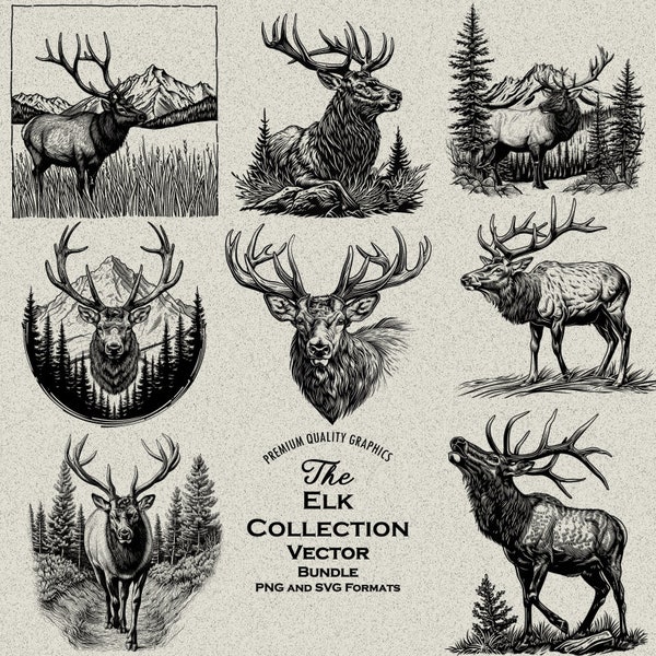 34 Elk Designs Bundle SVG & PNG for Laser Engraving or Print Bull Elk, Elk Call, Wildlife Art, Elk Mountains, Elk Rack, Elk Head, Rustic Art