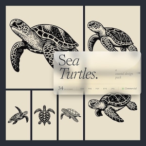 May include: Black and white illustrations of sea turtles in different poses. The image includes the text "Sea Turtles" and "a coastal design pack". The design pack includes 34 designs in SVG, PNG, PDF, EPS, and JPG formats.