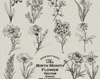 Geboortemaand bloemenbundel PNG en SVG voor lasergravure of print, fijne lijn bloemstencil, voortplantingspenseel, bloementattoo, geboortebloem