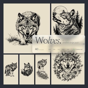 May include: A collection of detailed black and white wolf designs. The images include a snarling wolf, a wolf howling at the moon, and other wolf illustrations. The text reads "Wolves. a detailed design pack" with file format options.